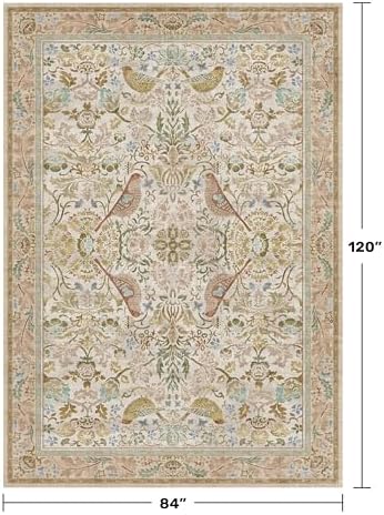 Hazo Haus Beige Washable 7x10 Kitchen Table Area Rug - Western Nature Rugs for Living Room, Bedroom, Playroom, Guest Room with Boho Neutral Botanical & Bird Pattern, Non Slip Stain Resistant Low Pile