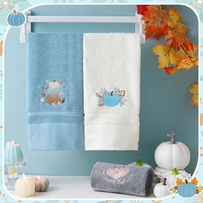 FuWeave 3 Pcs Blue White Fall Blue Pumpkins Hand Towels for Bathroom