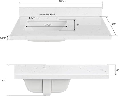ARIEL 36 inch Bathroom Vanity top with Sink, 1.5 Inch Thick Miter Edge Carrara White Quartz top, Left Offset Vanity top with Rectangle Porcelain Sink, Includes Backsplash