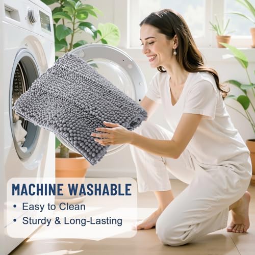 Grandaily Chenille Striped Bathroom Rugs 36x24, Extra Thick and Soft Absorbent Bath Mats, Rubber Backing, Plush Shaggy Shower Carpet, Machine Wash Dry, Bath Rug for Bathroom, Grey