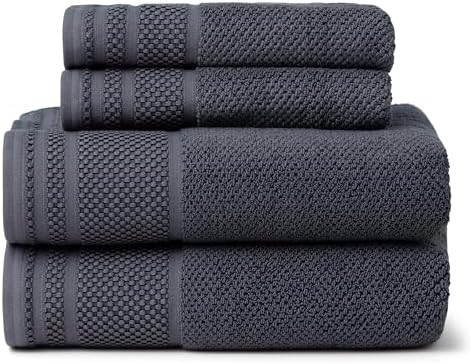 Texere 100% Organic Cotton Rice Weave Jacquard 700 GSM Luxury Bath Towel Sets - Ultra Soft and Absorbent Hotel and Spa Quality (Rice Weave, Charcoal, 2 Bath & 2 Hand Towels)