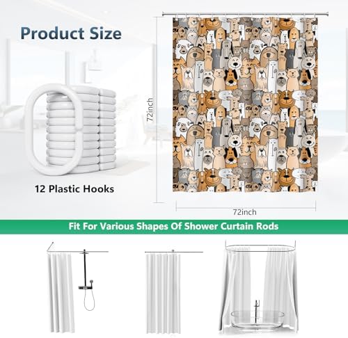 Cute Dog Cat Doodle Seamless Pattern Shower Curtain with Hooks 72 x 72 Inch