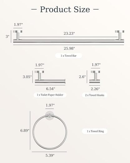 Brushed Nickel Bathroom Accessories Set SUS304 Stainless Steel 5 Pieces | Evolvegoods Bathroom Hardware Set, 26 Inch Bath Towel Bar Set, 2 Towel Hooks, Toilet Paper Holder, Towel Racks for Bathroom