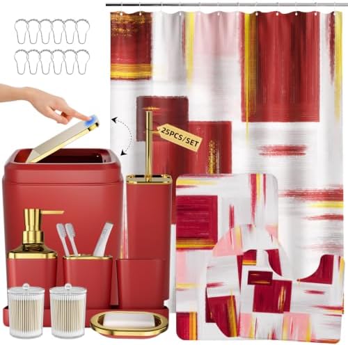 XLHOMO Bathroom Accessories Set - 25PC Bathroom Set with Shower Curtain and Rugs, Burgundy Bathroom Set, Bathroom Accessory Set with Press-on Lid Trash Can, Soap Dispenser and Qtip Holders