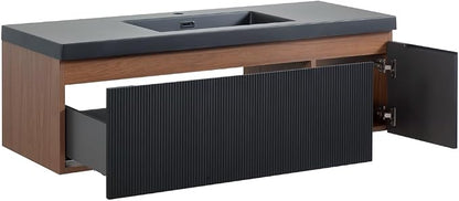 48 Inch Floating Bathroom Vanity with Sink, Wall Mounted Striped Storage Cabinet, Soft Close Drawer, Black Quartz Sand Basin, Fully Assembled, Smoked Walnut Finish