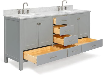 ARIEL Cambridge 72-inch Bathroom Vanity with Sink,Solid Wood, 0.75-inch Italian Carrara Marble Countertop, Double Rectangular Porcelain Sink, 4 Soft Closing Doors, 6 Dovetail Drawers, Grey