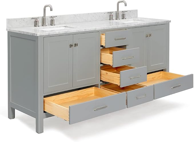 ARIEL Cambridge 72-inch Bathroom Vanity with Sink,Solid Wood, 0.75-inch Italian Carrara Marble Countertop, Double Rectangular Porcelain Sink, 4 Soft Closing Doors, 6 Dovetail Drawers, Grey