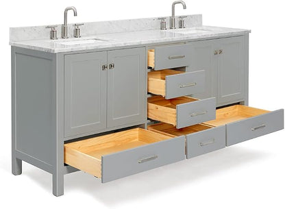 ARIEL Cambridge 72-inch Bathroom Vanity with Sink,Solid Wood, 0.75-inch Italian Carrara Marble Countertop, Double Rectangular Porcelain Sink, 4 Soft Closing Doors, 6 Dovetail Drawers, Grey