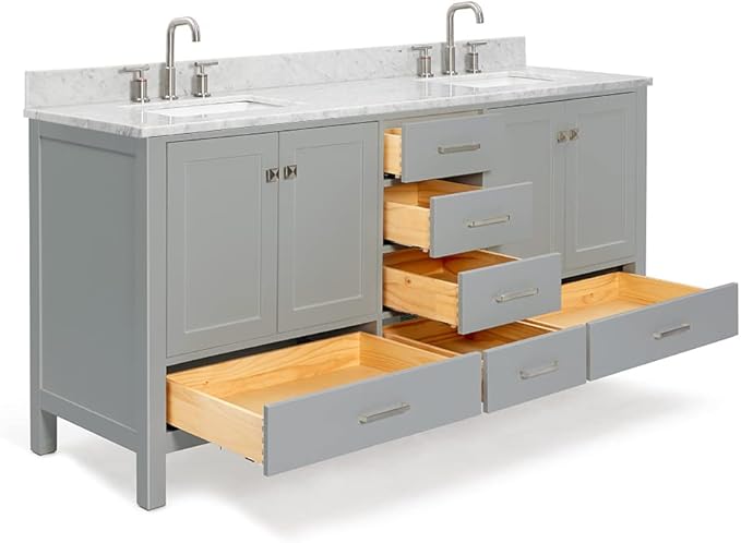 ARIEL Cambridge 72-inch Bathroom Vanity with Sink,Solid Wood, 0.75-inch Italian Carrara Marble Countertop, Double Rectangular Porcelain Sink, 4 Soft Closing Doors, 6 Dovetail Drawers, Grey