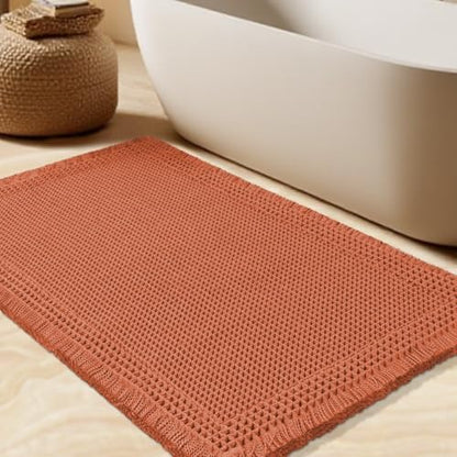 Upgrade Waffle Bath Mat, Boho Bathroom Rugs Absorbent Non Slip, Ultra Soft Bathroom Mat, Machine Washable Knit Bath Rugs with Border for Bathroom, Bedroom, Kitchen, Shower,Tub, 36"x24", Burnt Orange