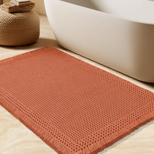 Upgrade Waffle Bath Mat, Boho Bathroom Rugs Absorbent Non Slip, Ultra Soft Bathroom Mat, Machine Washable Knit Bath Rugs with Border for Bathroom, Bedroom, Kitchen, Shower,Tub, 32"x20", Burnt Orange