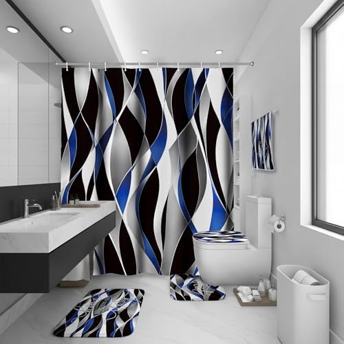 Honoson 8 Pcs Black Blue White Striped Shower Curtain Bathroom Set