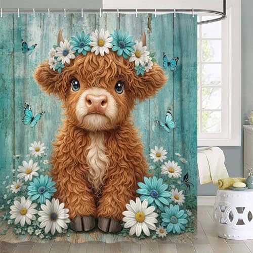 Cute Cow Shower Curtain, Farmhouse Rustic Teal Floral Daisy Highland Cow Shower Curtains for Bathroom, Calf Country Farm Animal Garden Plant Fabric Bathroom Decor with Hooks, 36x72 inch