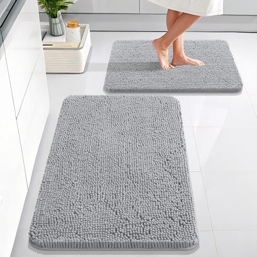 OLANLY Chenille Bathroom Rugs Mats Set 2 Piece, 30"x20"+24"x16", Light Grey