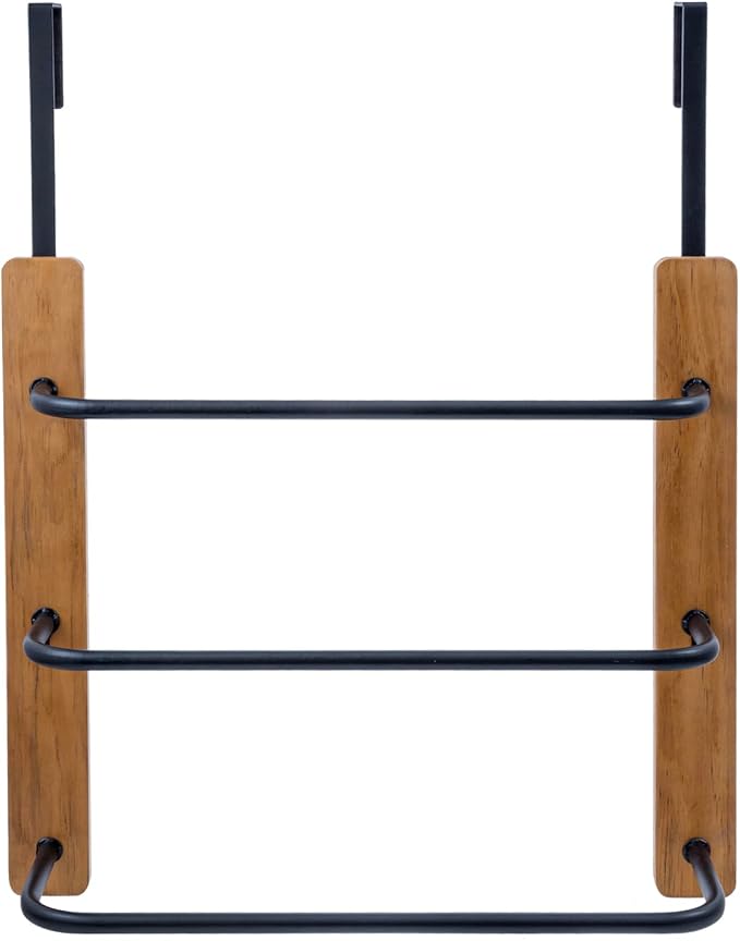 MyGift Over The Door Towel Rack for Bathroom, Rustic Solid Burnt Wood Towel Storage Organizer, 3 Tier Matte Black Metal Towel Bar, Space Saving Bathroom Door Hanging Towel Holder | Compact Bathroom Hanging Solution For Bath Linens Robes Shower Essentia...
