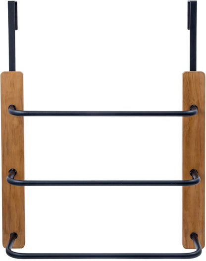 MyGift Over The Door Towel Rack for Bathroom, Rustic Solid Burnt Wood Towel Storage Organizer, 3 Tier Matte Black Metal Towel Bar, Space Saving Bathroom Door Hanging Towel Holder | Compact Bathroom Hanging Solution For Bath Linens Robes Shower Essentia...