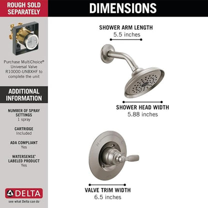 Delta Woodhurst 14 Series Shower Faucet Set, Brushed Nickel Shower Head and Handle Set, Valve Trim Kit, Stainless T14232-SS (Valve Not Included)