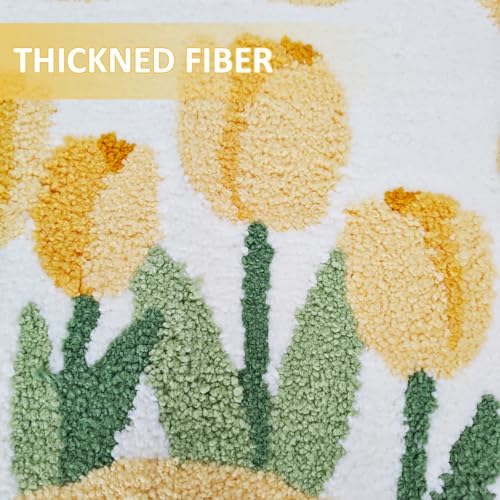 Tulip Flower U-Shaped Toilet Mat, Romantic Floral Non-Slip Bath Rug with Wave Edge Design, Soft Absorbent Microfiber Floor Mat for Toilet Base, Machine Washable Bathroom Decor (U-shaped Yellow)