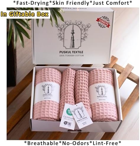 PÜSKÜL Natural 100% Turkish Cotton Waffle Towels Set of 4-Piece Pink Powder