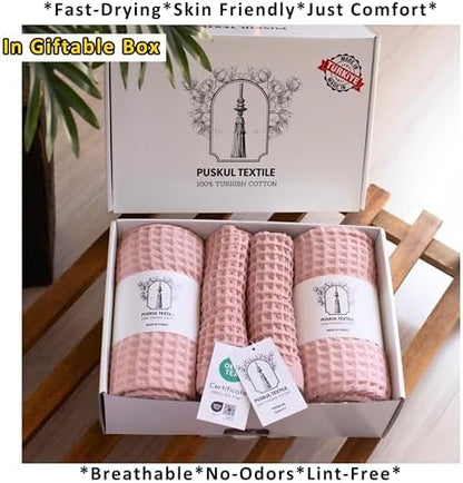 PÜSKÜL Natural 100% Turkish Cotton Waffle Towels Set of 4-Piece Pink Powder