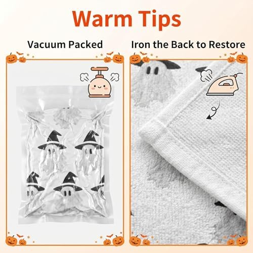 2 Pack Halloween Hand Towels 100% Cotton Jacquard Ghost Halloween Kitchen Towels White Bathroom Towels Set Seasonal Bathroom Decor (Cute Ghost, Halloween)