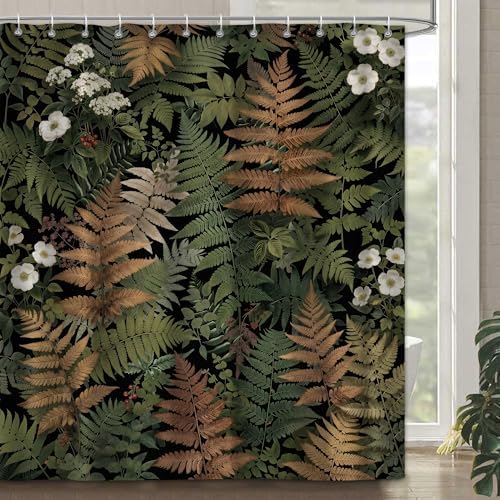 Botanical Fern Shower Curtain 72x72 Inch, Dark Green Nature Leaf Bathroom Curtain with Gold Fern Pattern Waterproof Fabric Bath Curtain Set with 12 Hooks for Home Decor
