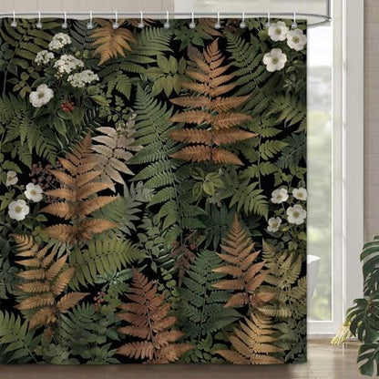 Botanical Fern Shower Curtain 72x72 Inch, Dark Green Nature Leaf Bathroom Curtain with Gold Fern Pattern Waterproof Fabric Bath Curtain Set with 12 Hooks for Home Decor