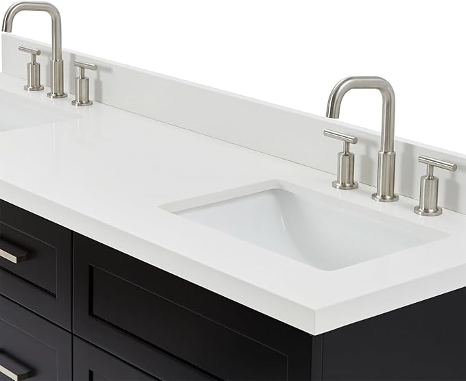 ARIEL Hamlet 66-inch Bathroom Vanity with Sink,Solid Wood, 1.5-inch Pure White Quartz Countertop & Backsplash, Double Rectangular Porcelain Sink, 4 Soft Closing Doors, 3 Dovetail Drawers, Black