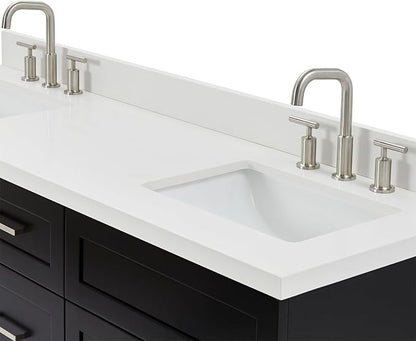 ARIEL Hamlet 66-inch Bathroom Vanity with Sink,Solid Wood, 1.5-inch Pure White Quartz Countertop & Backsplash, Double Rectangular Porcelain Sink, 4 Soft Closing Doors, 3 Dovetail Drawers, Black