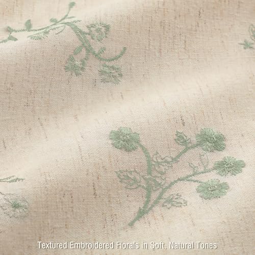 Green Floral Vintage Linen Shower Curtain Embroidered Textured 72Wx72H
