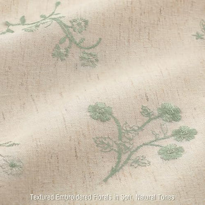Green Floral Vintage Linen Shower Curtain Embroidered Textured 72Wx72H