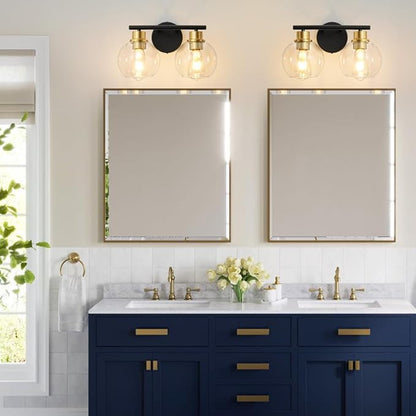 2-Light Bathroom Light Fixtures Black and Gold Vanity Light 13.8 inch Bathroom Lights Over Mirror with Clear Glass Globe Shade, Vanity Lights for Bathroom Kitchen Living Room