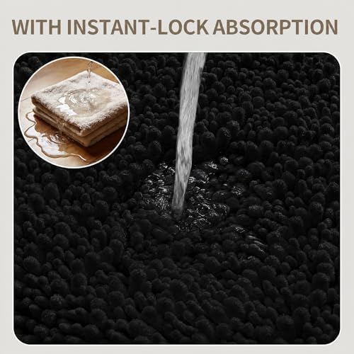 Bathroom Rugs Non Slip Washable 60x24, Extra Thick Soft Chenille Absorbent Bath Mat, High Density Barrier Non Slip Backing, Quick Dry Plush Shaggy Floor Carpet for Tub&Shower, Black