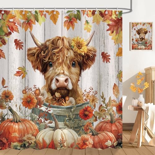 Fall Highland Cow Shower Curtain, Funny Autumn Pumpkin Farmhouse Thanksgiving Bathroom Decor, 72 x 72 Inch Polyester Fabric Waterproof Bathroom Curtain with 12 Hooks