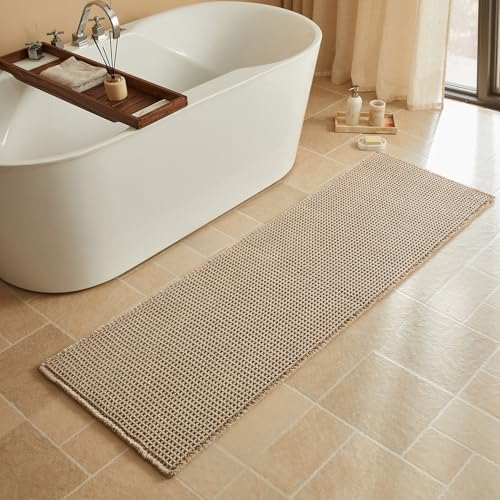 Triohero Waffle Runner Rug Bathroom, Long Boho Bath Mat, 24x72 Beige