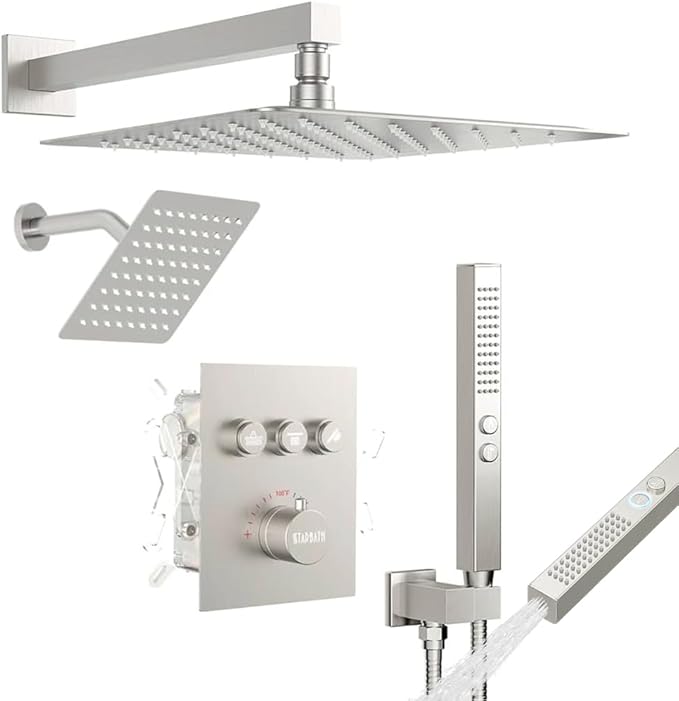 Thermostatic Shower System Brushed Nickel, STARBATH Shower Faucets Sets 12+ 6" Wall Mount Rain Shower and 2 in 1 Handhled, Can Use All at Once, Push Button 3 Modes Valve Complete Shower Set
