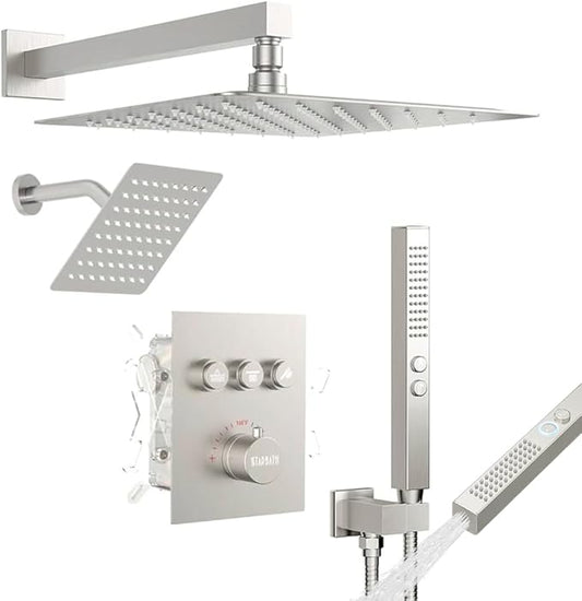 Thermostatic Shower System Brushed Nickel, STARBATH Shower Faucets Sets 12+ 6" Wall Mount Rain Shower and 2 in 1 Handhled, Can Use All at Once, Push Button 3 Modes Valve Complete Shower Set