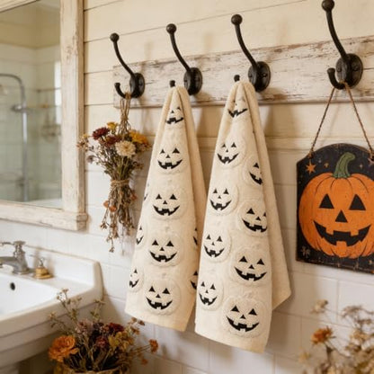 2 Pack Halloween Hand Towels 100% Cotton Jacquard ack-O'-Lantern Halloween Kitchen Towels White Bathroom Towels Set Seasonal Bathroom Decor(Beige ack-O'-Lantern)