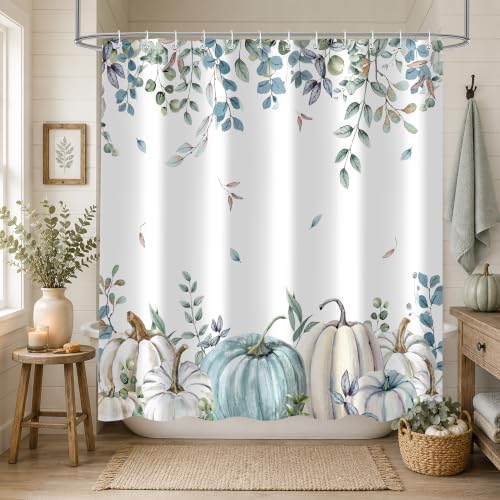 Blue Pumpkin Shower Curtain, 60 x 72 Inch Watercolor White Pumpkin Eucalyptus Bathroom Curtain, Fall Farmhouse Bath Curtain for Tub Shower Decor, Multiple Sizes