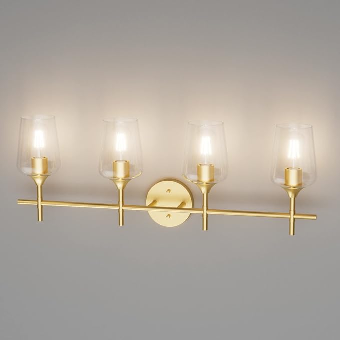 Ralbay 4-Lights Gold Vanity Light Fixture Vintage Gold Vanity Lights Wall Lighting Clear Glass Gold Bathroom Light Fixtures Over Mirror
