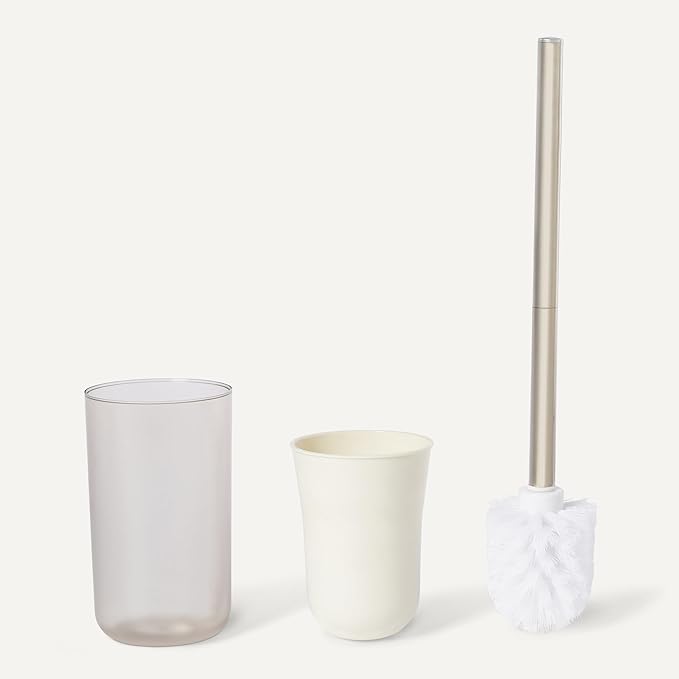 Amazon Basics 6-Piece Bathroom Accessory Set with Toothbrush Holder, Soap Dispenser, Soap Dish, Toothbrush Cup, Trash Can and Toilet Brush & Holder, Ivory