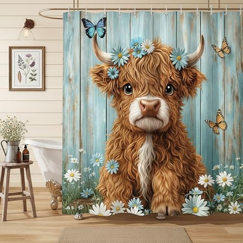 Cow Shower Curtain, Farmhouse Rustic Floral Daisy Funny Highland Cow Shower Curtains for Bathroom, Cute Calf Country Farm Animal Bathroom Decor with Hooks, 60x72 inch