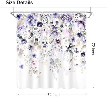 Purple Floral Girls Girly Boho Watercolor Bathroom Shower Curtain Set