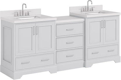 ARIEL Stafford 84-inch Bathroom Vanity with Sink,Solid Wood, 1.5in Pure White Quartz Countertop & Backsplash, Double Rectangular Porcelain Sink, 4 Soft Closing Doors, 5 Dovetail Drawers, Grey