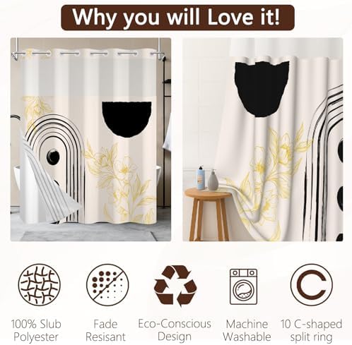 No Hook Boho Shower Curtain with Snap in Liner, 71 x 74 Inch