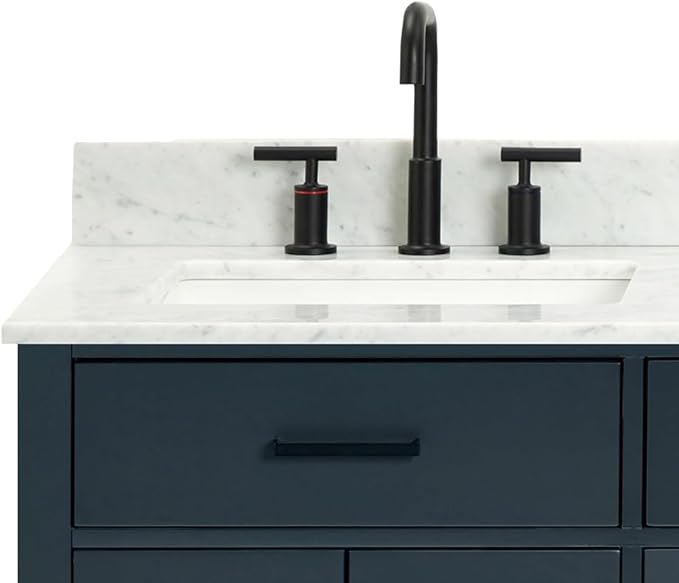 ARIEL Hepburn 60-inch Bathroom Vanity with Sink,Solid Wood, 0.75-inch Italian Carrara Marble Countertop, Double Rectangular Porcelain Sink, 4 Soft Closing Doors, 6 Dovetail Drawers, Midnight Blue