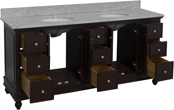 Bella 72-inch Double Bathroom Vanity (Chocolate/Carrara): Includes Chocolate Cabinet with Authentic Italian Carrara Marble Countertop and White Ceramic Sinks