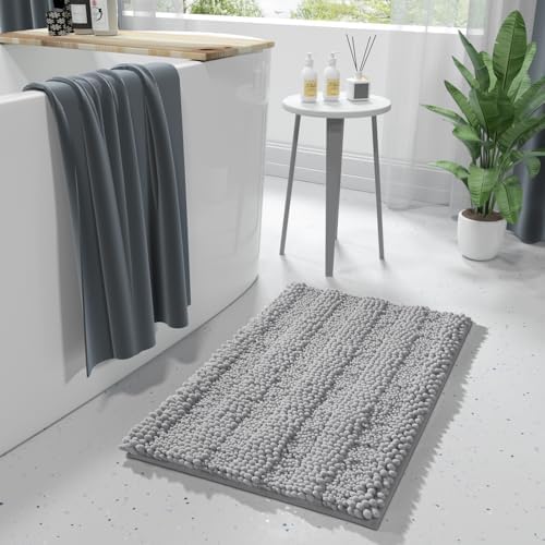 Yimobra Bathroom Rug Mat, Non Slip and Super Absorbent Bath Mat, Machine Washable Quick Dry, Ultra Plush Chenille Shower Rugs for Bathroom Floor Sink Tub and Shower Outside, Gray, 24 x 17