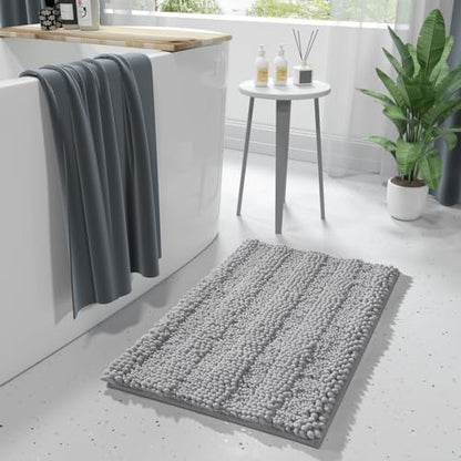 Yimobra Bathroom Rug Mat, Non Slip and Super Absorbent Bath Mat, Machine Washable Quick Dry, Ultra Plush Chenille Shower Rugs for Bathroom Floor Sink Tub and Shower Outside, Gray, 24 x 17
