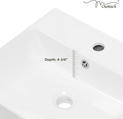 White Rectangle Vessel Sink, 18"W x16"D Bathroom Sink Above Counter Modern Porcelain Ceramic Vessel Sink, Vanity Art Basin for Bathrooms
